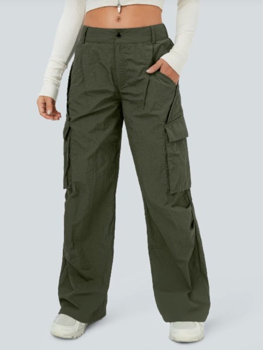 Halara Pants Womens SP Green Mid Rise Button Side Pocket Wide Leg Casual Cargo